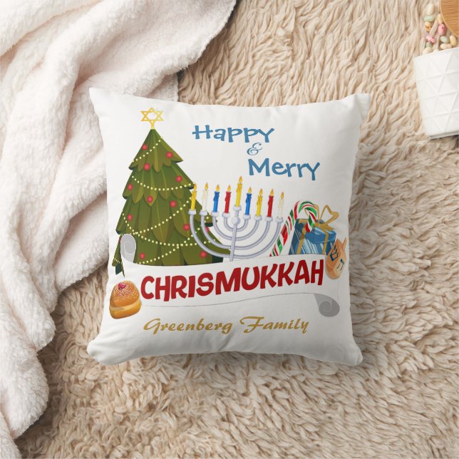 Blended Holiday Chrismukkah Tree, Menorah, Dreidel Cushion (Blanket)