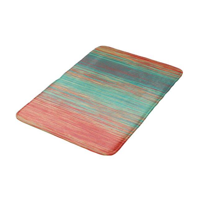 Blended Lines Turquoise Bright Coral Red Stripe Bath Mat (Angled)