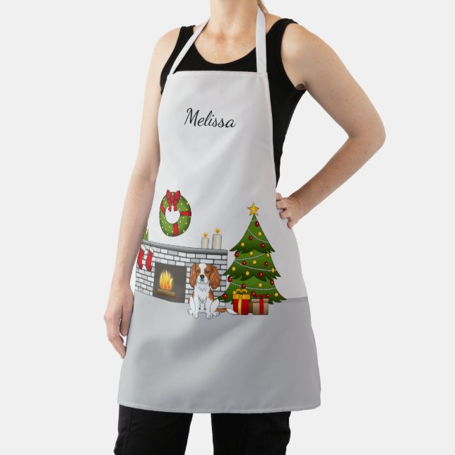 Blenheim Cavalier Dog In A Christmas Room & Name Apron (Insitu)