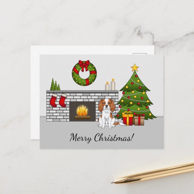 Blenheim Cavalier Dog In A Christmas Room & Text Postcard (Front/Back In Situ)
