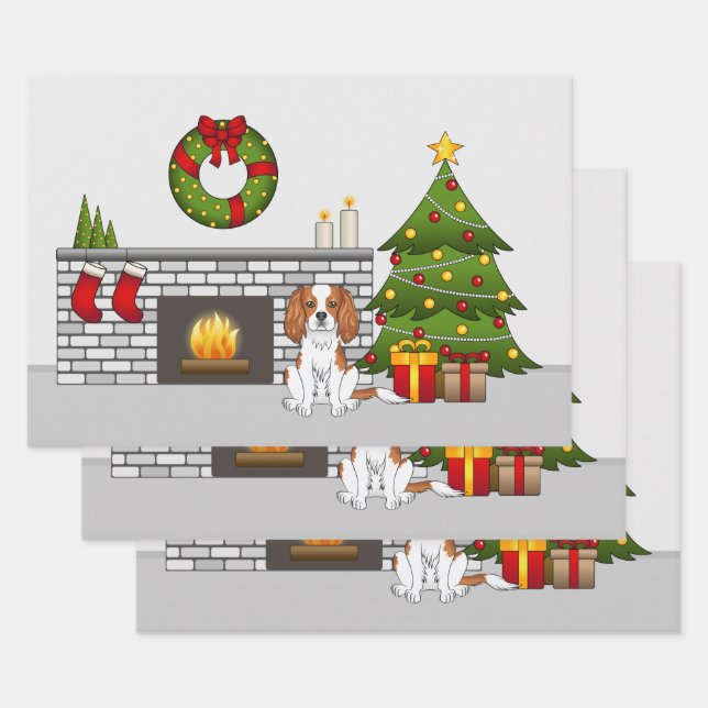 Blenheim Cavalier Dog In A Festive Christmas Room Wrapping Paper Sheet (Set)