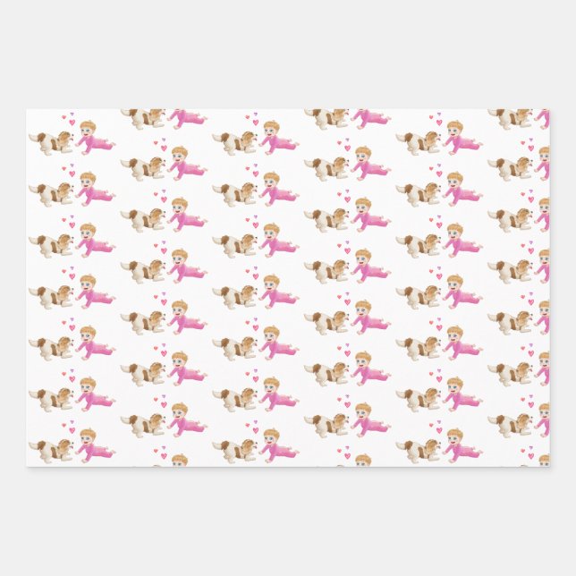 Blenheim Cavalier King Charles Spaniel and Baby Wrapping Paper Sheet (Front)