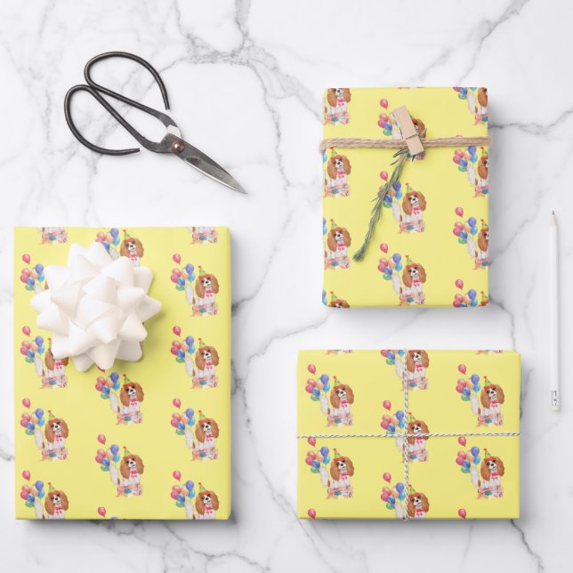 Blenheim Cavalier King Charles Spaniel Birthday Wrapping Paper Sheet (Front)