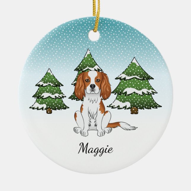 Blenheim Cavalier King Charles Spaniel In Winter Ceramic Tree Decoration (Front)