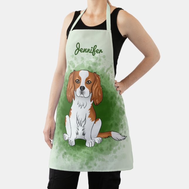 Blenheim Cavalier King Charles Spaniel On Green Apron (Insitu)