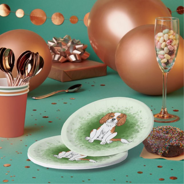 Blenheim Cavalier King Charles Spaniel On Green Paper Plate (Multi)