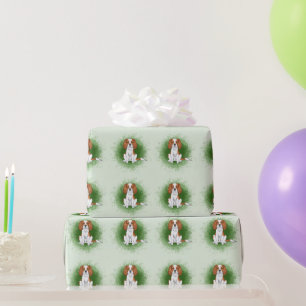 Blenheim Cavalier King Charles Spaniel On Green Wrapping Paper