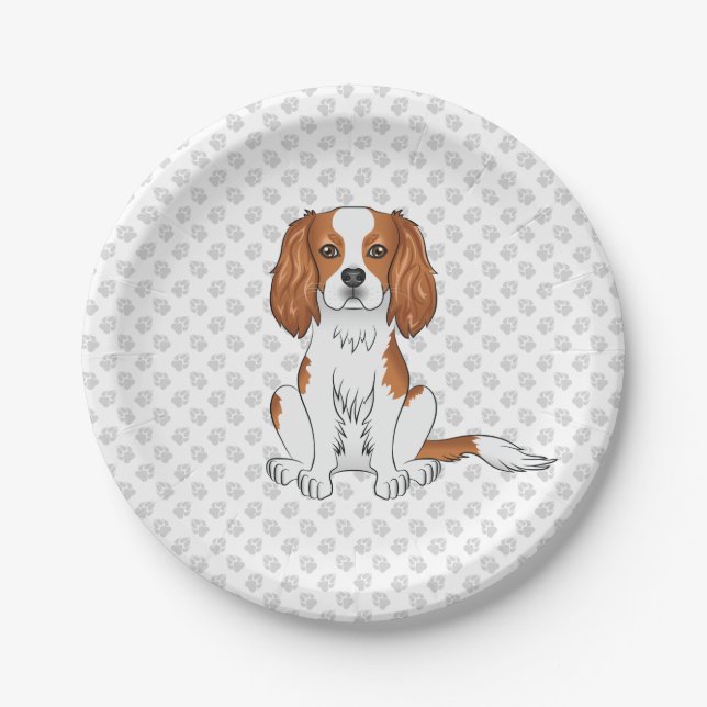 Blenheim Cavalier King Charles Spaniel & Paws Paper Plate (Front)