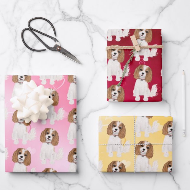 Blenheim Cavalier King Charles Spaniel with Hearts Wrapping Paper Sheet (Front)