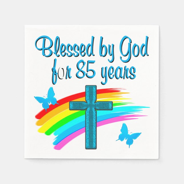 BLESS BY GOD FOR 85 YEARS BLUE CROSS DESIGN NAPKIN (Front)