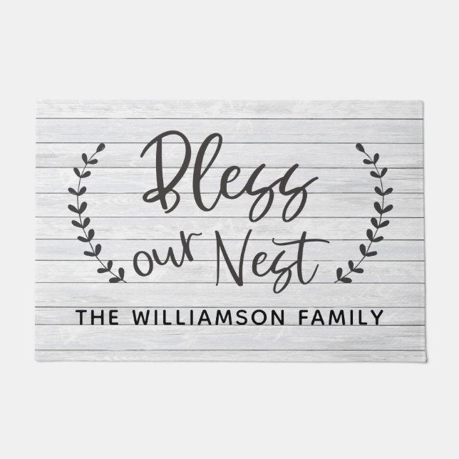 Bless Our Nest Rustic Farmhouse Laurel Family Name Doormat (Front)