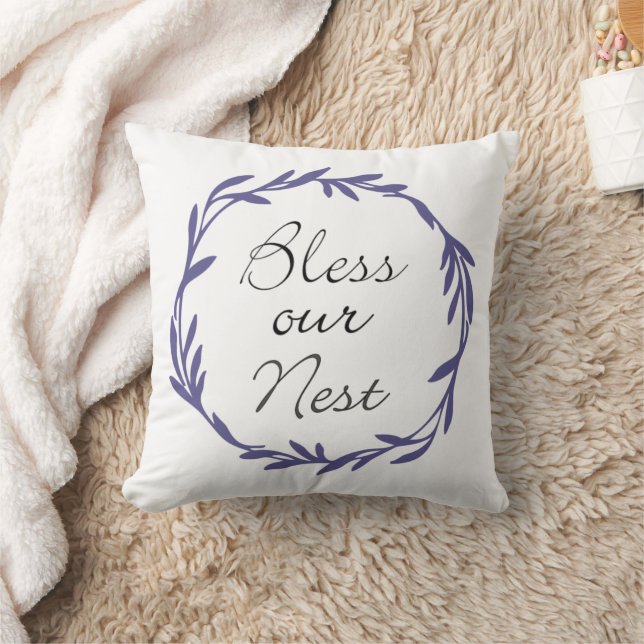 Bless Our Nest with Wreath Throw Pillow (Blanket)