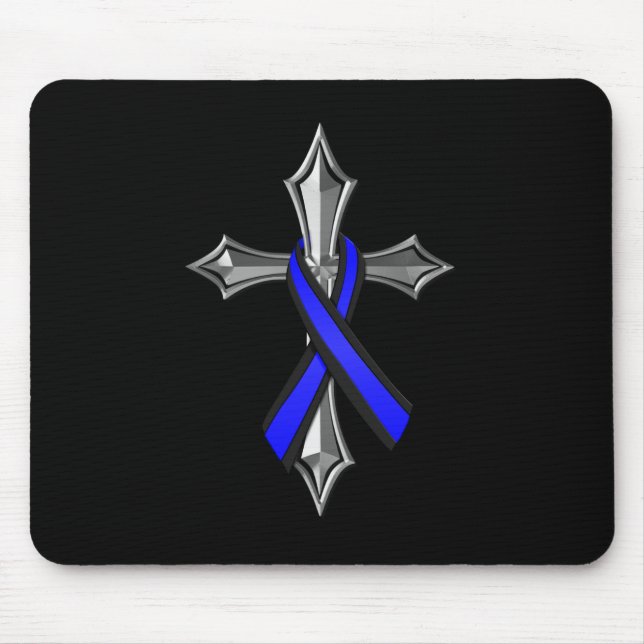 Bless The Thin Blue Line Ribbon and Cross Mouse Mat (Front)