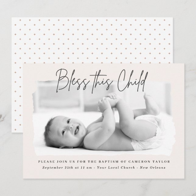 Bless This Child Dusty Cream Christening Baptism Invitation (Front/Back)