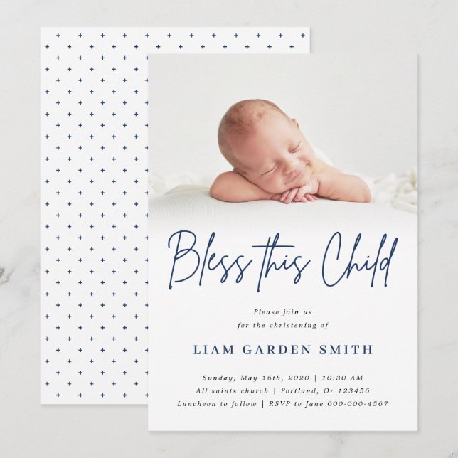 Bless This Child Handwritten Christening Photo Boy Invitation (Front/Back)