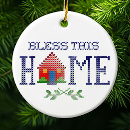 Bless This Home Cross Stitch Embroidery Ceramic Tree Decoration