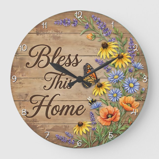 Bless This Home Meadow Butterfly Large Clock (Front)