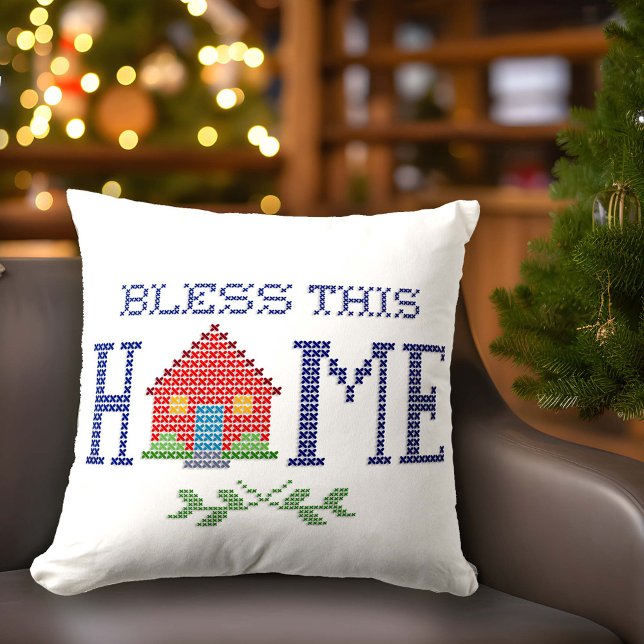 Bless This Home Pillow (Add a touch of love to your home with our "Bless This Home" pillow, original cross stitch design.)