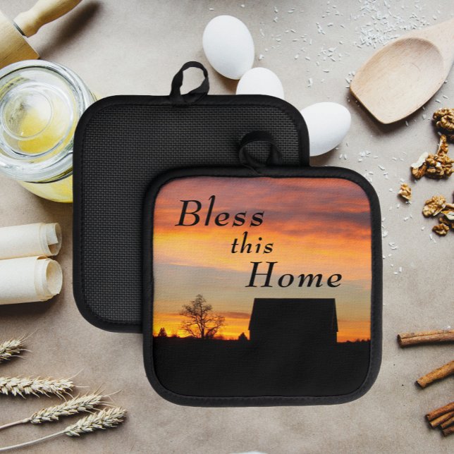Bless This Home Sunset Silhouette Pot Holder (In Situ)