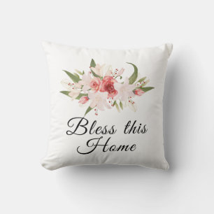 Bless This Home Watercolor Floral Design Cushion