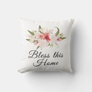 Bless This Home Watercolor Floral Design Cushion
