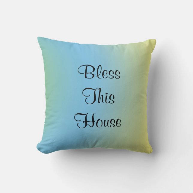 Bless This House Pastel Blue Yellow Square Cushion (Front)