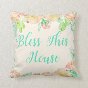 Bless This House Teal Coral Watercolor Floral Cushion