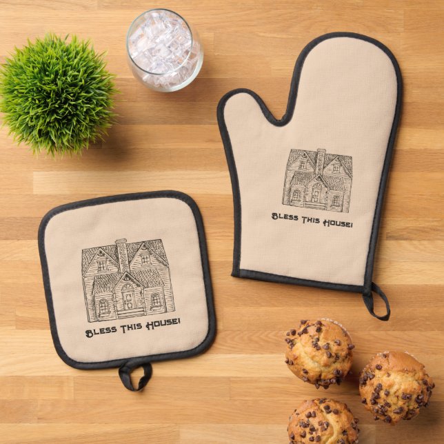 Bless This House w/ text & image templates  Oven Mitt & Pot Holder Set (Top Down)