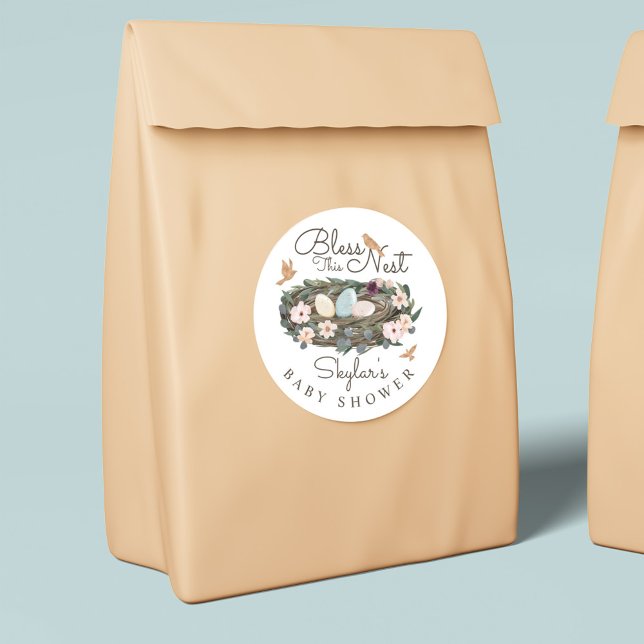 Bless This Nest Floral Bird's Nest Baby Shower Classic Round Sticker (Creator Uploaded)