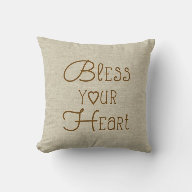 Bless Your Heart burlap-look custom name Cushion (Front)