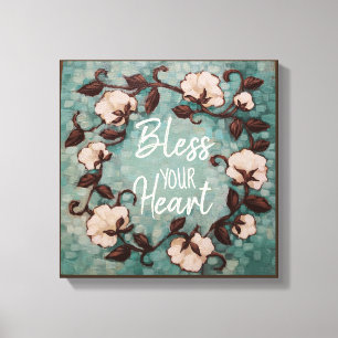 "Bless your Heart" Cotton Wreath Stretched Canvas Print