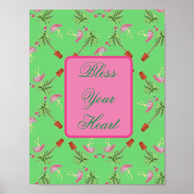 Bless your Heart Pink Flamingo Flamingos art print (Front)