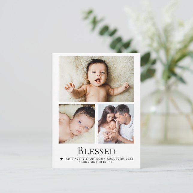 Blessed 3 Baby Photos Birth announcement Postcard (Standing Front)