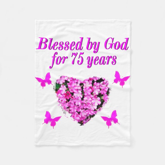 BLESSED 75TH BIRTHDAY FLORAL DESIGN FLEECE BLANKET (Front)