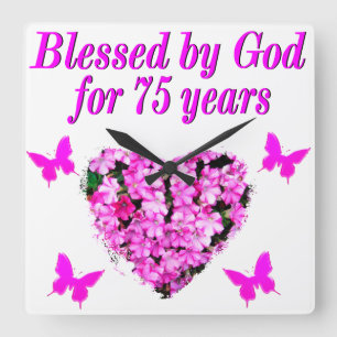 BLESSED 75TH BIRTHDAY FLORAL DESIGN SQUARE WALL CLOCK