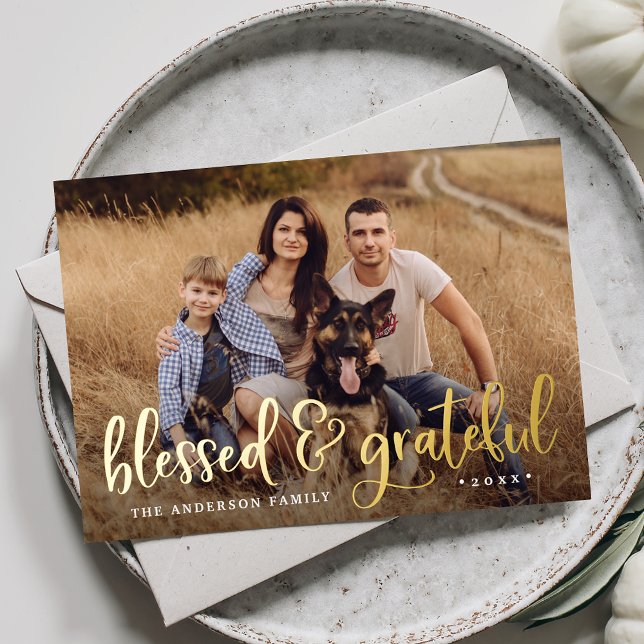 Blessed and Grateful Photo Thanksgiving Foil Holiday Card (Creator Uploaded)