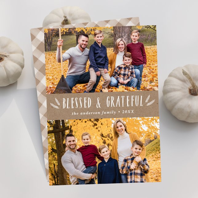 Blessed and Grateful Rustic 4 Photo Thanksgiving Holiday Card (Creator Uploaded)