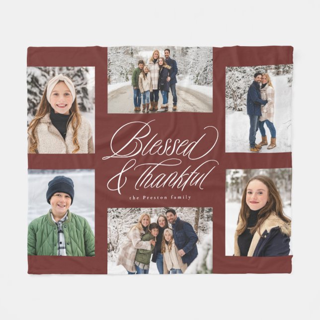 Blessed and thankful 6 photo collage maroon fleece blanket (Front (Horizontal))