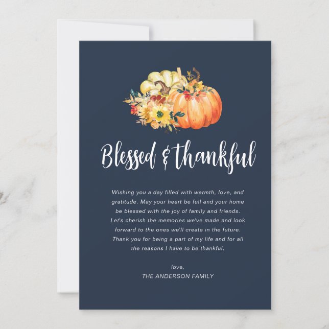 Blessed and Thankful navy blue thanksgiving Holiday Card (Front)
