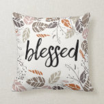 Blessed and Thankful Pillow<br><div class="desc">Front has word "BLESSED" in elegant modern brush script elegant fall leaves illustration framing the word. Back has same fall leaves (brown, tan, white) with word, "THANKFUL" in same modern brush script font. Distressed mask adds texture (can be removed) and background colour can be edited to suit your needs. Wonderful...</div>