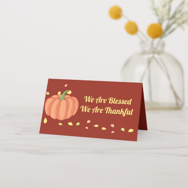 Blessed and Thankful Thanksgiving Fall Pumpkin Place Card (Front)