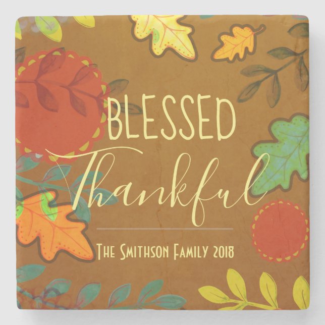 Blessed and Thankful Thanksgiving Holiday Stone Coaster (Front)