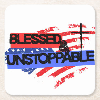 Blessed and Unstoppable American Flag Square Paper Coaster