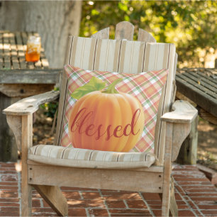Blessed Autumn Harvest Pumpkin On Gingham Cushion