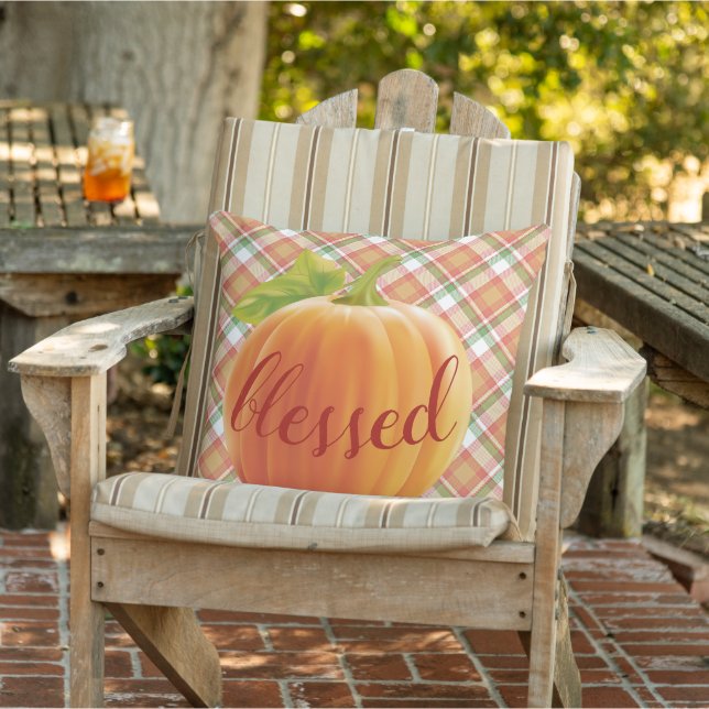 Blessed Autumn Harvest Pumpkin On Gingham Cushion (Chair)