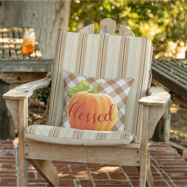 Blessed Autumn Harvest Pumpkin On Gingham Cushion (Chair)