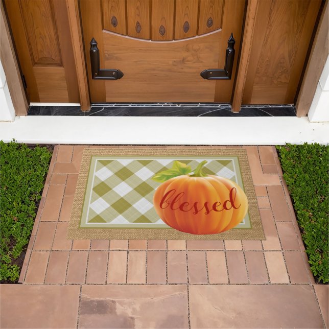 Blessed Autumn Harvest Pumpkin On Gingham Welcome Doormat (Outdoor)