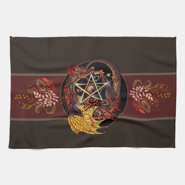 Blessed Be Art Nouveau Pentacle Dragon  Kitchen To Tea Towel (Horizontal)