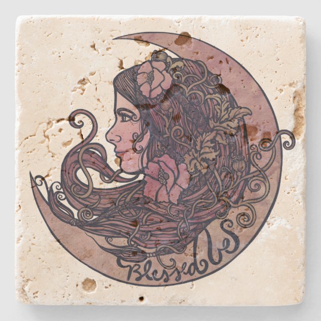 Blessed Be Moon Goddess Pagan Art Stone Coaster (Front)