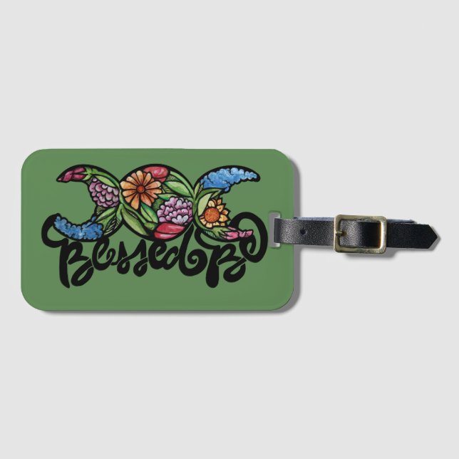 "Blessed Be" Triple Moon Bloom Luggage Tag (Front Horizontal)